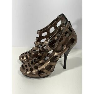Pelle Moda Bronze Leather Cage Sandals Peep Toe‎ Stiletto Back Zip Heels Mens 7M